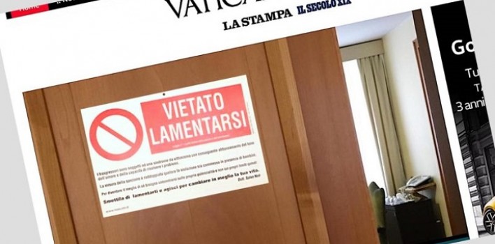 La puerta del departamento del Papa tiene un cartel: “Prohibido quejarse”
