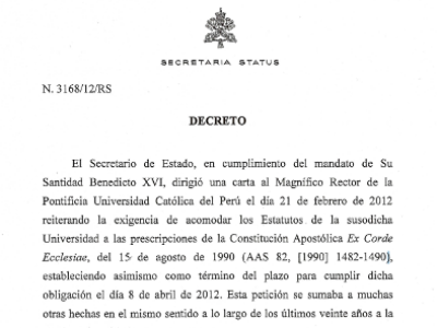 Comunicado sobre Decreto de la Secretaría de Estado del Vaticano sobre la PUCP
